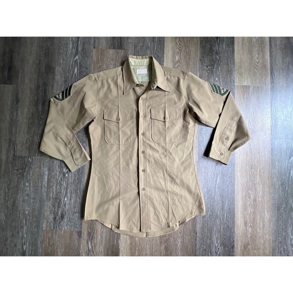 USMC Military Uniform Shirt Mens 16 3 Khaki Long Sleeve Sergeant Rank Patches